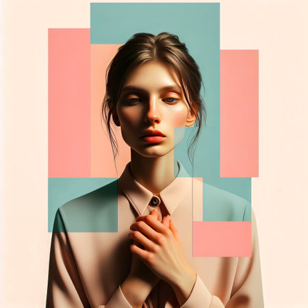 Fashion portrait of a beautiful young woman in a beige coat on a colorful backgroundの素材