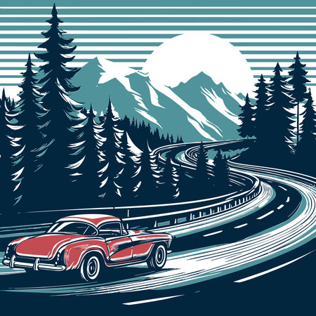 Retro landscape. vintage car on the road , Vector illustration.のイラスト素材