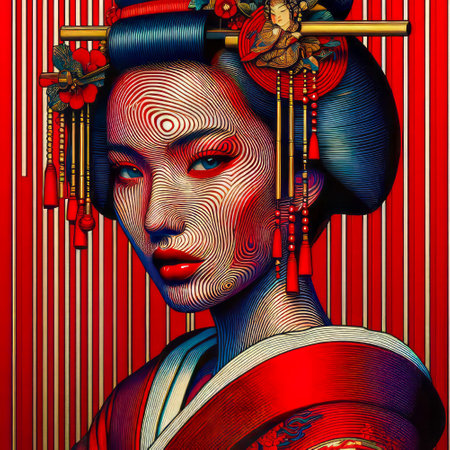 Portrait of a beautiful geisha with a fan in her hair.の素材