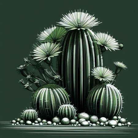 Illustration of cactus and succulents on a green backgroundの素材