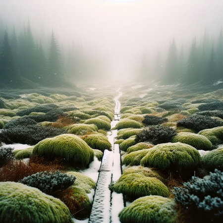 Mysterious foggy forest in the winter. Fantasy nature.の素材
