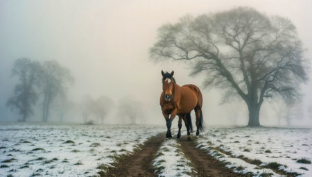 Horse in the foggy meadow on a cold winter dayの素材