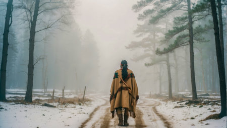 A man in a medieval costume walks along a snowy road in the forest.の素材