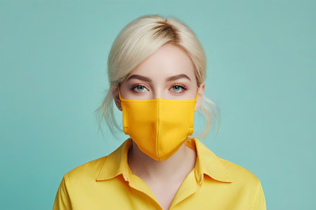 Portrait of a beautiful blonde woman in a yellow medical mask on a blue backgroundの素材