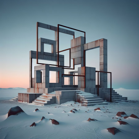 Abstract architecture background. 3D render of a futuristic building in the desert.の素材