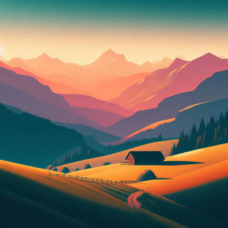 Mountain landscape with village and road. Digital painting on canvas.の素材