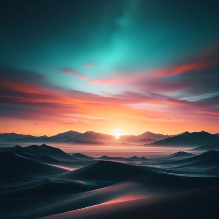 Fantasy landscape. Sunrise over desert dunes. 3d renderの素材