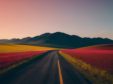 Road in the field of red poppies and mountains at sunsetの素材