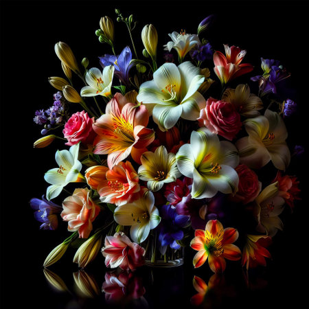 Bouquet of flowers in vase isolated on black background.の素材