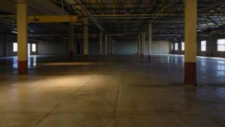 Interior of an empty car parking lot in a large industrial buildingの素材