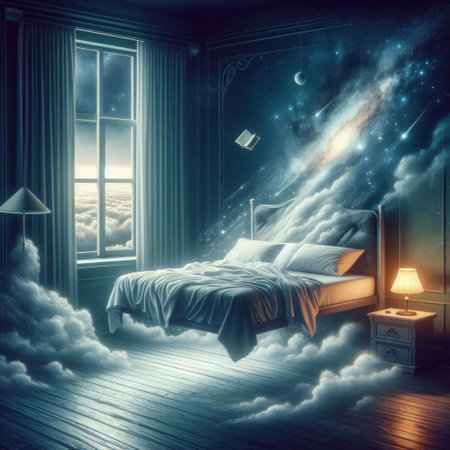 Composite image of a bedroom with a large window and cloudsの素材