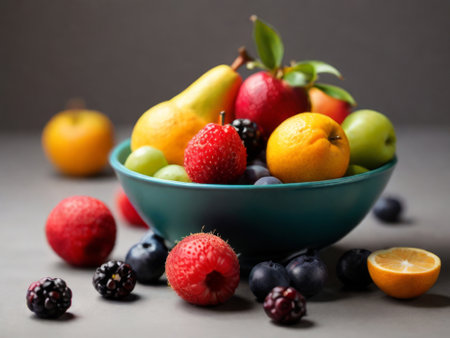 Mix of fresh fruits in a bowl on gray background, selective focusの素材