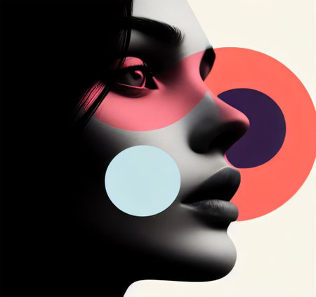 3d rendering of a female face with colorful circles in the backgroundの素材
