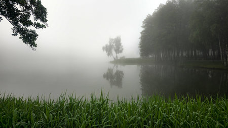 Misty lake with lush green grass and trees. Nord Europeの写真素材