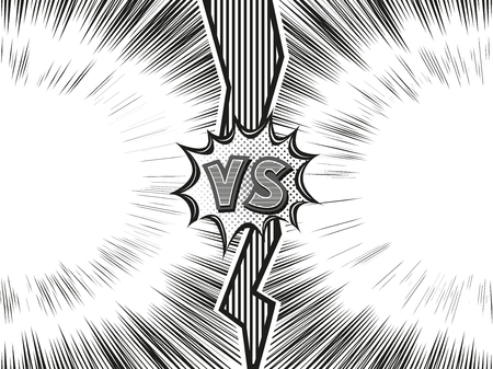 Versus letter background. Cartoon retro design with long fissure and explosion bubbles. Black and white comics explosion background. Vector illustration.のイラスト素材