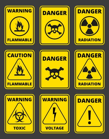 Set of signs the radiation, toxic, poison, flammable, voltage, warning. Seamless signal tapes caution, danger, warning.のイラスト素材
