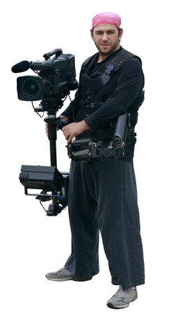 professional cameraman with camera and stabilization system in pink bandana and with the earring...