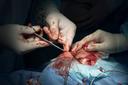 surgeon cuts off an excess skin triangle from the nose bridge with scissors close-up