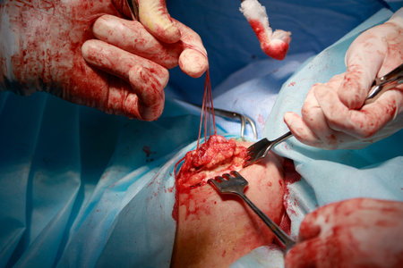 surgen pulls several threads tied to the gut during the colostomy surgical operation CLOSE-UP