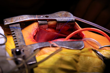 Side view of an opened rib cage with a heart and connected tubes closeup