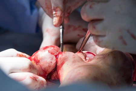 surgeon cuts the finger with a scalpel during the amputation close up