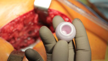 Ceramic hip head in surgeons fingers close up during the hip replacement surgeryの写真素材