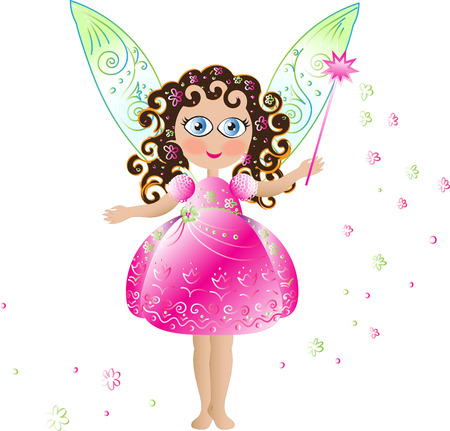 Cute pink flower fairy with pink elegant dress curly hair and magic wand and wingsのイラスト素材