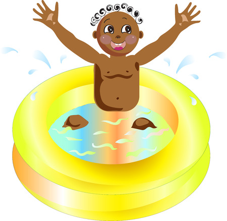 little baby boy playing in a yellow poolのイラスト素材