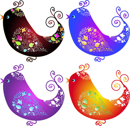 Ornate birds with openwork pattern decorated with flowers, leaves, curls, pinstripes and pearlsのイラスト素材