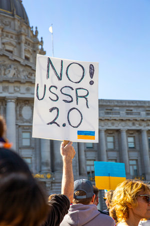 San Francisco, CA, USA - February 27, 2022: People came to support Ukraine against war started by Russia president Putin.のeditorial素材
