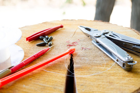 Fishing equipment. Make Fisherman snap. Fish Go fishingの写真素材