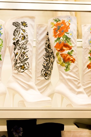 White women's shoes with the national pattern. Ukraine.の写真素材