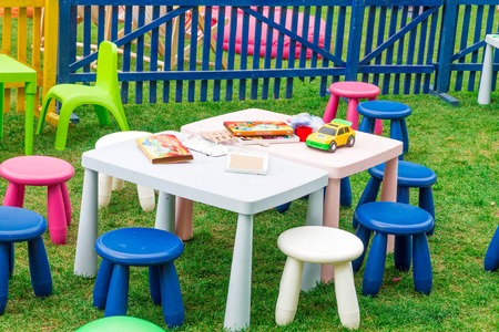 Playground with children's table and chairs.の写真素材