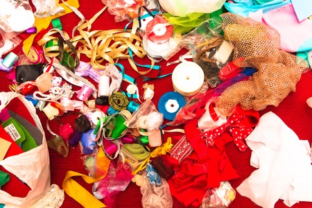 Preparation for the holiday. Set of multicolored ribbons for scrapbooking.の写真素材