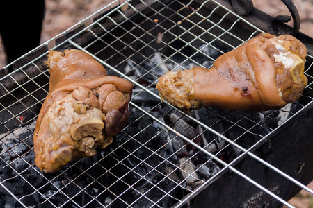 Cooking meat at the park. Picnic in the forest.の写真素材