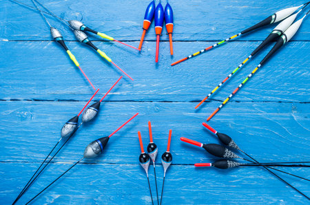 Composition of fishing floats. Composition in the form of a star. Copyspace.の写真素材