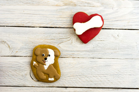 Dogs love to gnaw bones. Composition on a white background. Red heart.の写真素材
