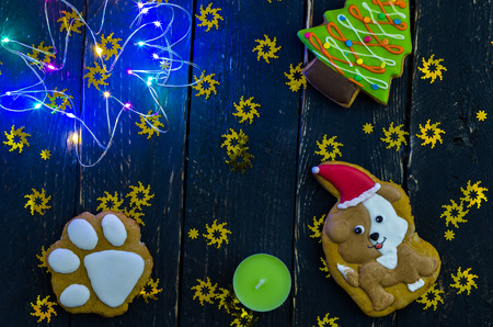 Multicolored lights. Sweets and ornaments. Dark backgroundの写真素材