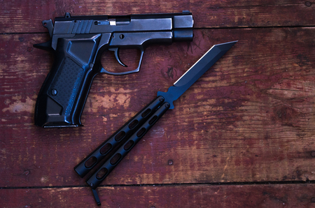Firearms. Cutting weapons. Flatlay. Free place Weapons for self-defenseの写真素材