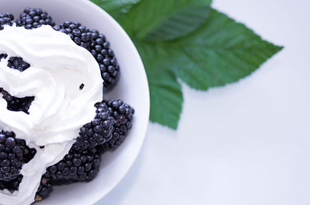 Part of a white plate and blackberry. Blackberry in a white plate.の写真素材