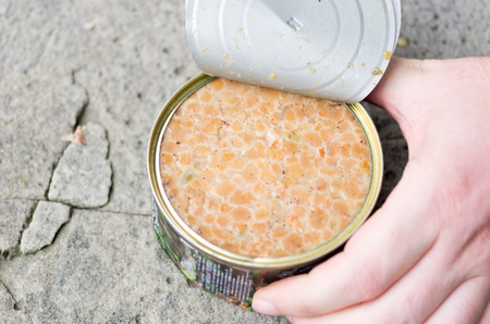 Cooked food in dishes. Porridge with meat in an iron pot. Top.の写真素材