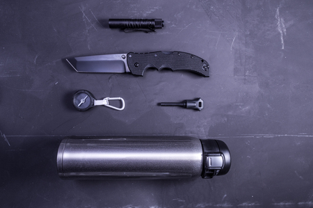 A variety of travel accessories. Ordered items. Flat lay.の写真素材