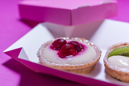 Cake with strawberries. Cake with strawberry jam.の写真素材
