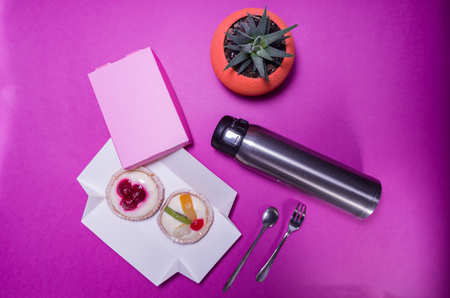 flask and cakes. Dessert and tea. Dessert and coffee.の写真素材