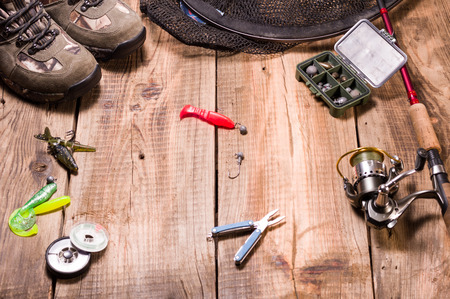 Silicone bait red. Light bait and jig hook. Tools and gear.の写真素材