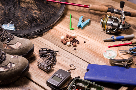 Grid for fish. Carp fishing. Tackle and bait. Scales and feeders for fishing. Front viewの写真素材