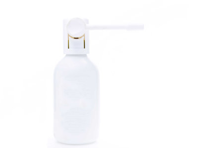 Medical inhaler. Bottle with inhaler. Spray for the throat. White jar on a white background....