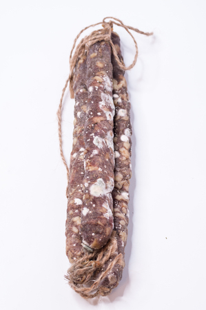 Homemade sausage with lard and mold. Sausage from pork. Vertical frame.の写真素材