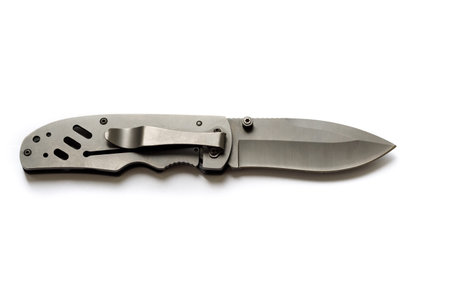 The aluminum handle of the knife with a clip and holes. Isolate.