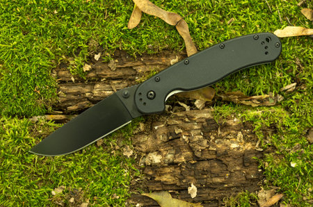 Folding pocket knife on an old stump with moss. Top.